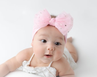 Big Tulle Bow Headband, Sparkly Stars, Baby Girl Toddler Head Wrap