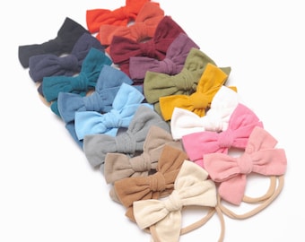 Corduroy Baby Bow Headband, Hand Tied Knot, Stretchy Nylon