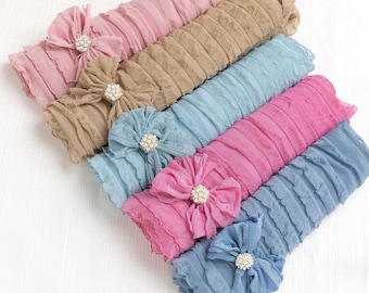 Ruffle Baby Swaddle and Pearl Bow Headband Set, Newborn Photo Prop