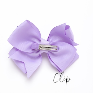 Peut inclure: Un n&oelig;ud de cheveux lilas avec une pince en m&eacute;tal argent&eacute;. Le n&oelig;ud est fait d'un large ruban gros-grain et est nou&eacute; en forme de n&oelig;ud classique. Le mot "Clip" est &eacute;crit en cursive en bas &agrave; droite.