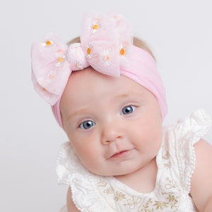 DAISY Big Bow Baby Stirnband, Baby Daisy Stirnband, Neugeborenen Turban, Blumen Baby Haarschleife, Baby Stirnband, Schleife, Baby Mädchen Schleife, Baby Kopftuch