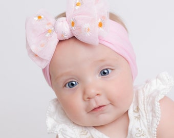 DAISY Big Bow Baby Headband, Baby Daisy Headband, Newborn turban, Flower Baby Hair Bow, Baby Bow Headband, Baby Girl Bow, Baby Headwrap