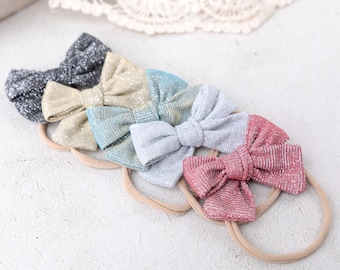 Sparkly Baby Bow Headband, Soft Nylon Band, Hair Clip