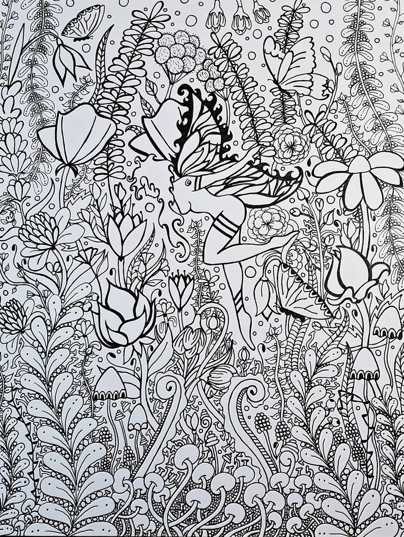 Fairy and Flowers, Printable Coloring Page, Fairy Coloring Page, Digital Download, Adult Coloring Page, Zentange Coloring image 4
