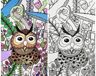 Owl under Mushroom Coloring Page