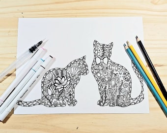 Cute Cats, Printable Coloring Page, Cat Coloring Page, Digital Download, Adult Coloring Page, Coloring page for adults, Zentange Coloring