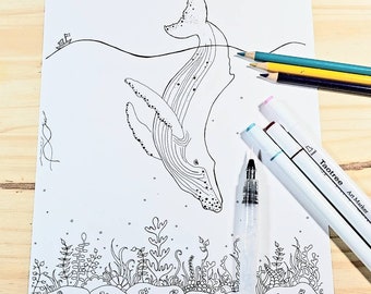 Whale swimming, Printable Coloring Page, Whale Coloring Page, Digital Download, Adult Coloring Page, Coloring page, Zentange Coloring