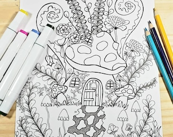 Fairy House, Printable Coloring Page, Fairy Coloring Page, Digital Download, Adult Coloring Page, Zentange Coloring