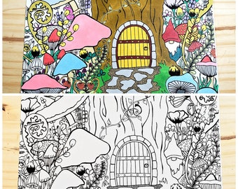 Fairy House, Printable Coloring Page, Fairy Coloring Page, Digital Download, Adult Coloring Page, Zentange Coloring