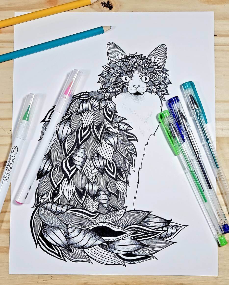 Tuxedo Cat Coloring Page for Adults | Etsy