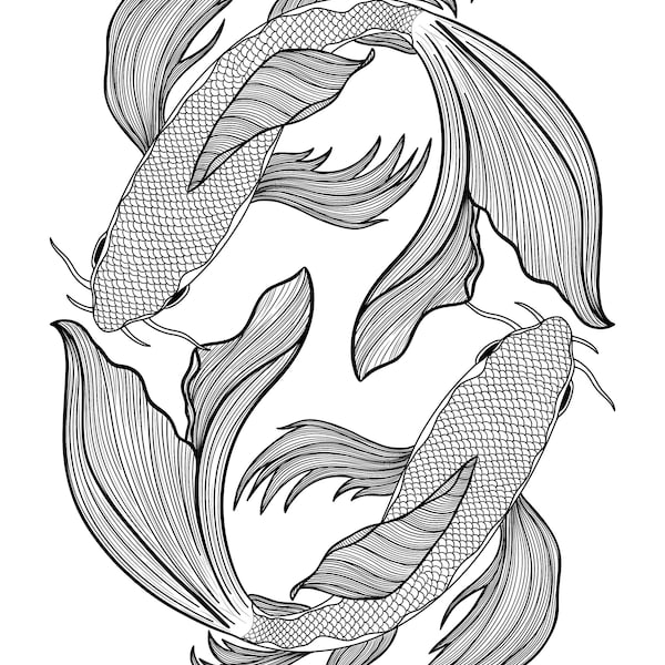 KOI FISH Coloring Page for Adults, Realistic KOI Fish coloring page, multiple file type Digital Download