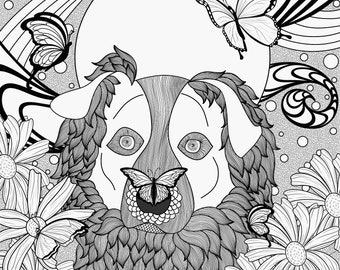 Cute Dog with Butterflies Coloring Page for Adults, Instant Download, Detailed Coloring