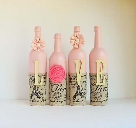 Love Wine Bottle Set BeautifulPink Rustic Burlap Wrapped Wine Etsy