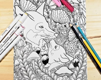 Fox and Flowers, Printable Coloring Page, Fox Coloring Page, Digital Download, Adult Coloring Page, Zentange Coloring, Fox Art Print