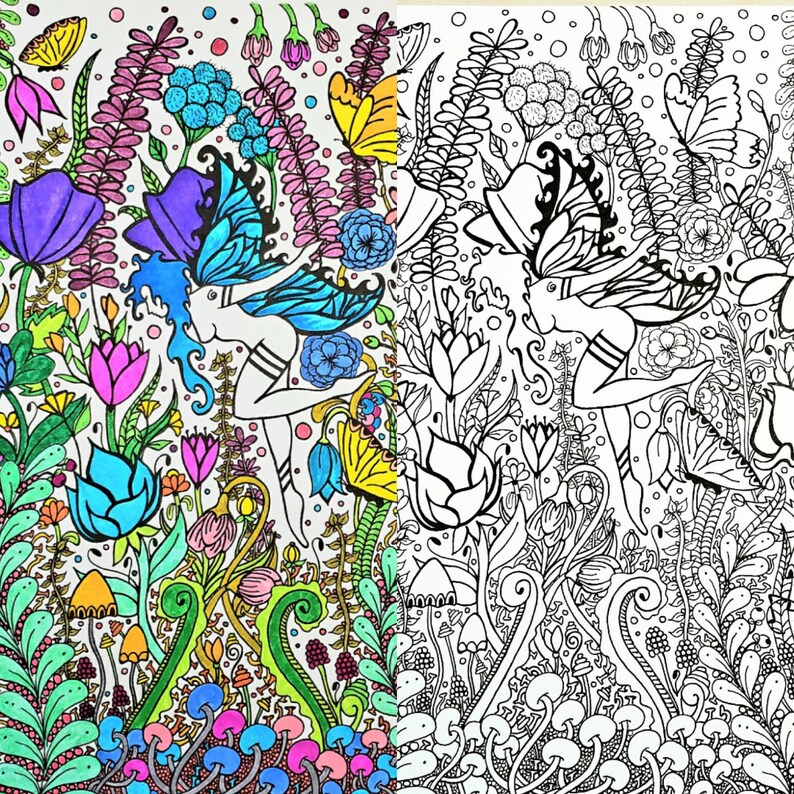 Fairy and Flowers, Printable Coloring Page, Fairy Coloring Page, Digital Download, Adult Coloring Page, Zentange Coloring image 3