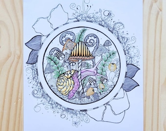 Snail on a mushroom coloring page for adults, Mandala Coloring Page