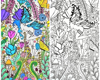 Fairy and Flowers, Printable Coloring Page, Fairy Coloring Page, Digital Download, Adult Coloring Page, Zentange Coloring