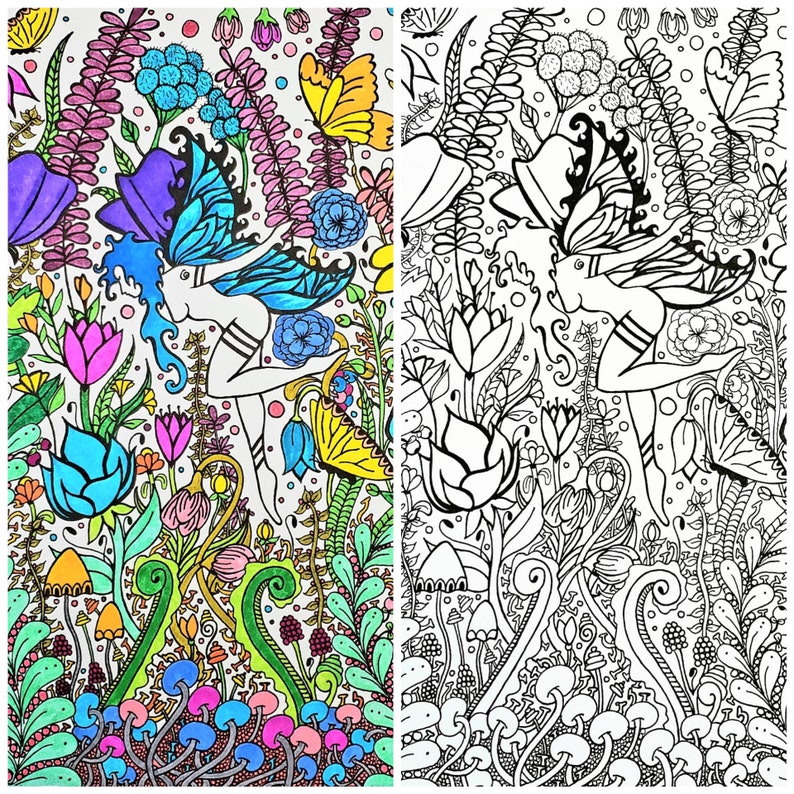 Fairy and Flowers, Printable Coloring Page, Fairy Coloring Page, Digital Download, Adult Coloring Page, Zentange Coloring image 1