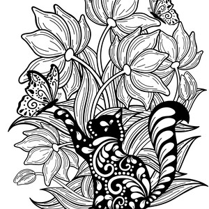Cute Cat With Flowers Coloring Page, Digital Download Full Page Cat