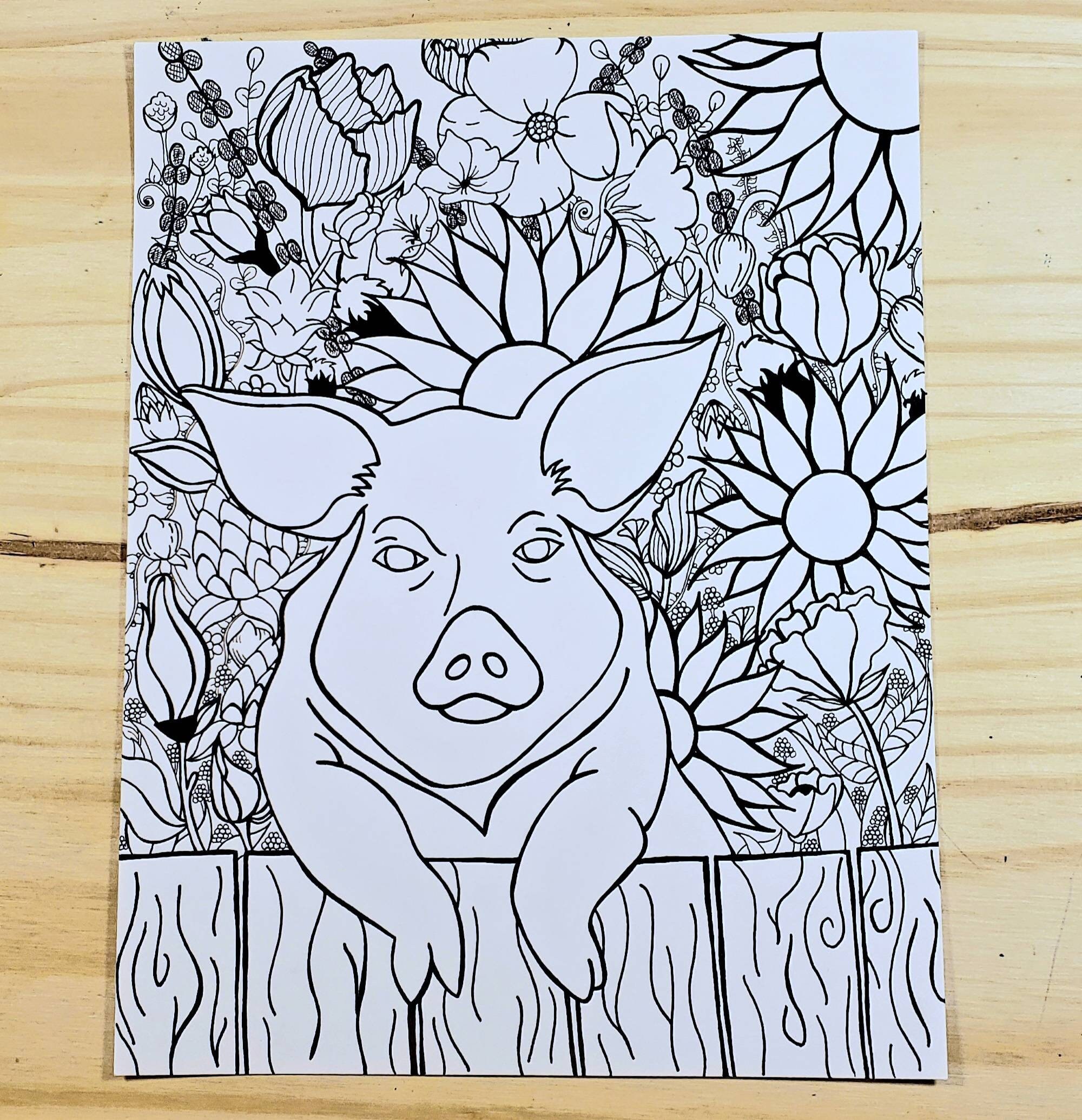 Pig and Flowers Printable Coloring Page Pig Coloring Page - Etsy UK