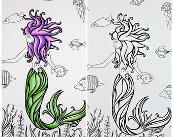 Mermaid and Fish, Printable Coloring Page, Mermaid Coloring Page, Digital Download, Adult Coloring Page, Zentange Coloring