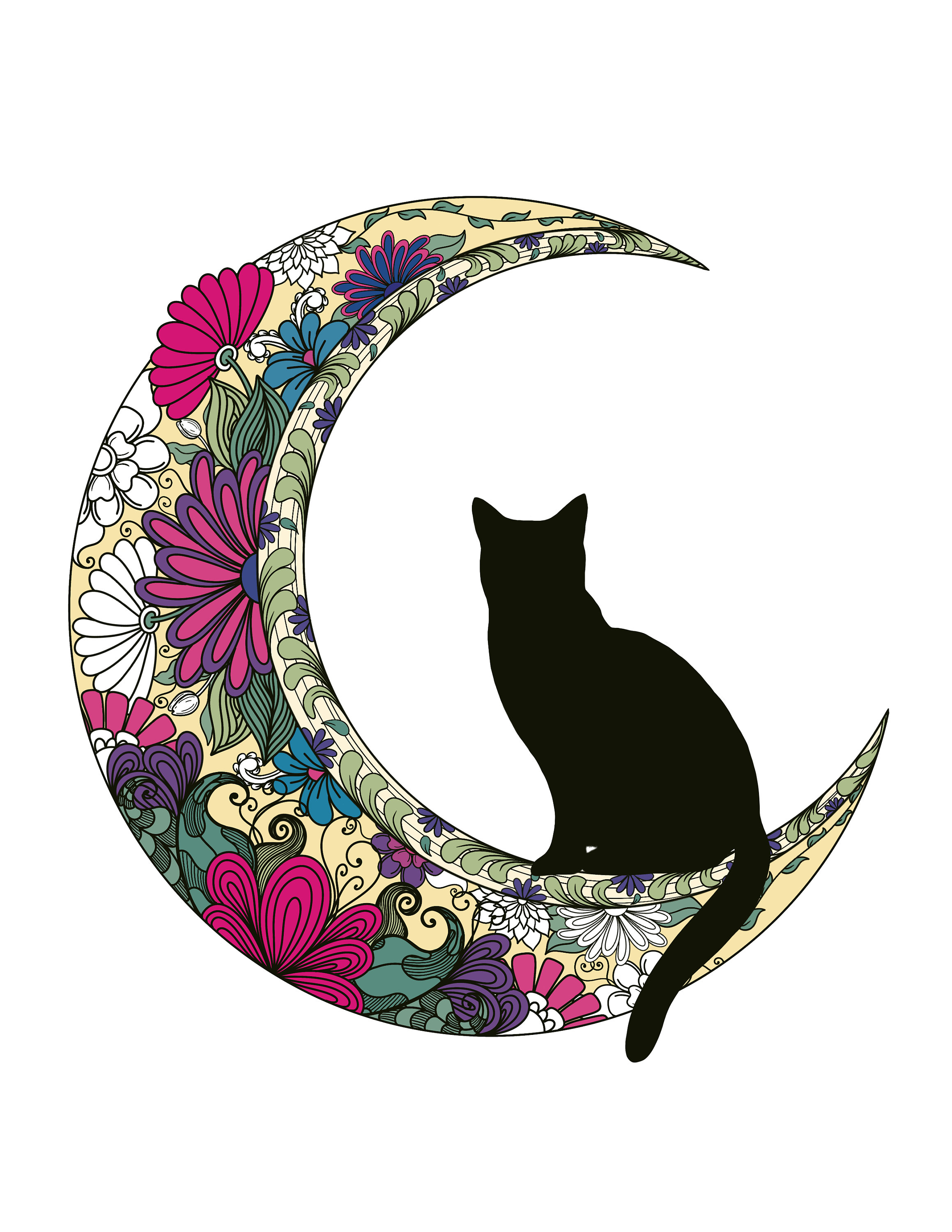 三日月と花の猫のぬり絵、半月のぬり絵、落書きアート、月の猫 三日月と花の猫のぬり絵、半月のぬり絵、落書きアート、月の猫