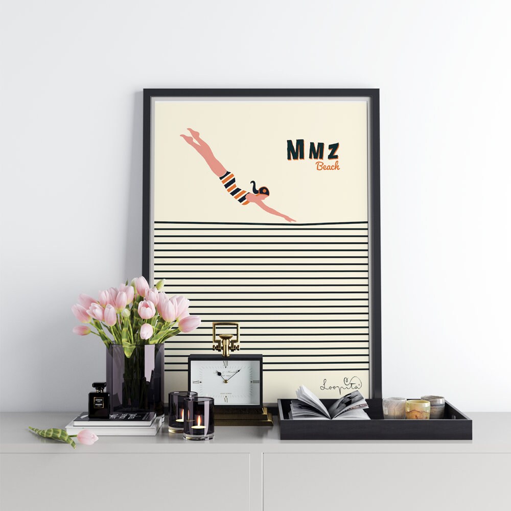 Affiche Plongeuse Dans L'océan - Plage de Mimizan, Landes, Sud Ouest La France Rétro, Marinière, Esp