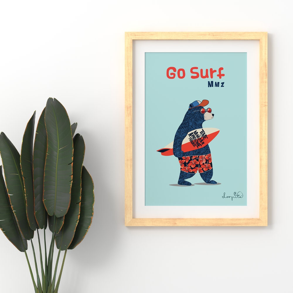 Affiche Ours Surfeur Maillot de Bain Hawaïen, Spot Mimizan Dans Les Landes - Sud Ouest, France