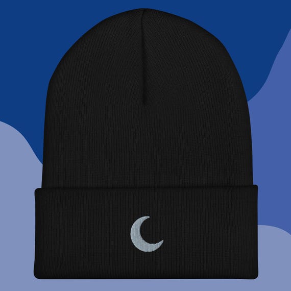 Embroidered Silver Crescent Moon Cuffed Beanie