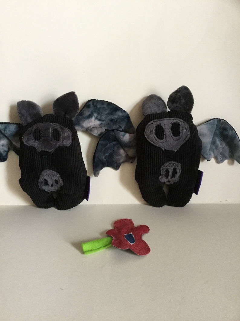 Puede incluir: Dos peluches de murci&eacute;lago de pana negra con detalles grises y alas te&ntilde;idas. Una peque&ntilde;a flor roja y azul con un tallo verde est&aacute; frente a los murci&eacute;lagos. Los juguetes tienen etiquetas moradas.