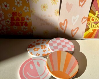 2 Pack Groovy Retro Ceramic Coasters | Flower Coaster | Smiley Face Coaster | Checkered Print | Decor