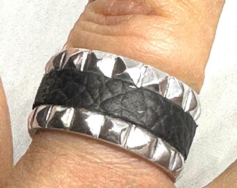 Handmade Sterling Silver Stud Punk Ring with Black Leather Pyramid Studded Emo Gothic Biker Rocker Full Ring Alternative Cool Everyday Thumb
