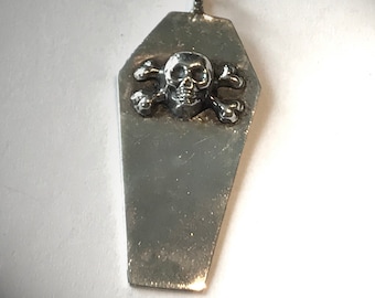 Sterling Silver Skull & Crossbone Coffin Pendant.  Death dead pentagon jolly roger pirate mourning spirit buried cox cremated gothic rocker