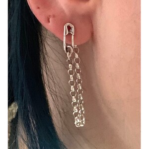 Safety Pin Stud Earrings With Hanging Rolo Chain Sterling Silver Drop Dangle Gothic Punk AF Solidarity Cuff Unity Love Alt Emo Rock Movement