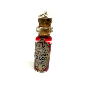 Glass Bottle Beloved&#39;s Blood Pendant, Red Liquid Gothic Death Loved One Alternative Rocker Biker Cute Little Vial Jar Vessel Tube Sacrifice