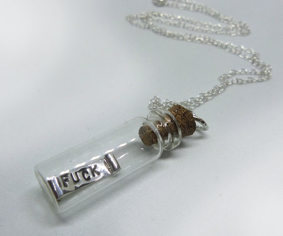 My Last Fuck Given Bottle Pendant & Chain, Sterling Silver Last F**K Message in a Bottle Couldn't Give AF Cute Little Glass Jar Vessel Tube