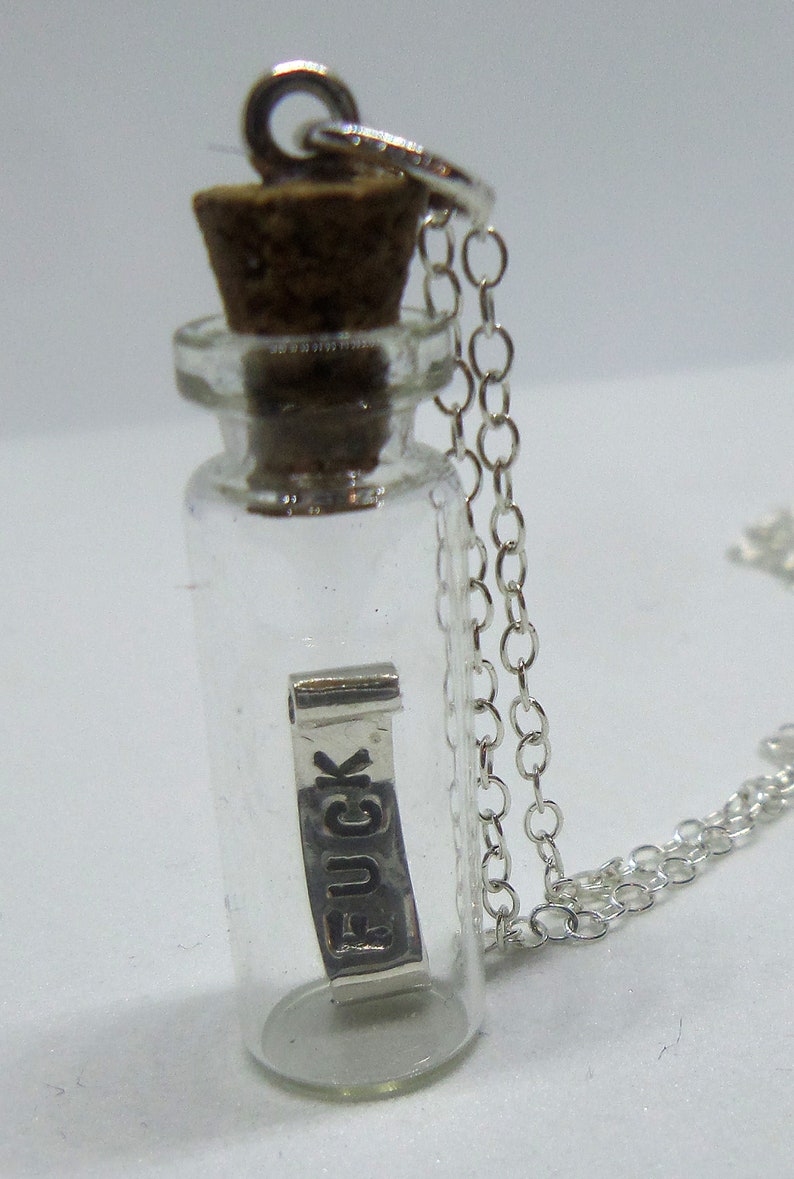 My Last Fuck Given Bottle Pendant & Chain, Sterling Silver Last F**K Message in a Bottle Couldn't Give AF Cute Little Glass Jar Vessel Tube image 3