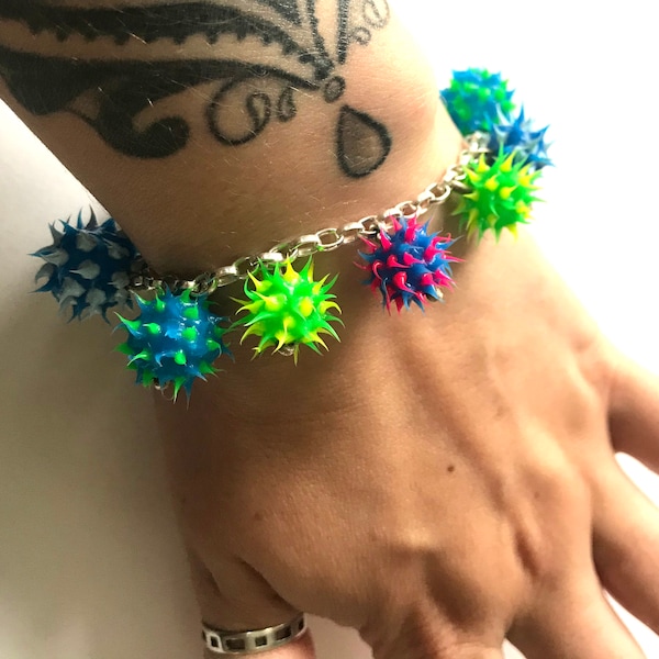 Punk Party Rave Festival Club UV Recycled Rubber Spikey Beaded Charm Bracelet, Sterling Silver