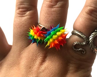 Gay PRIDE UV Punk Rainbow Recycled Rubber Beaded Charm Sterling Silver Ring, 10% Donated to LGBT Foundation!