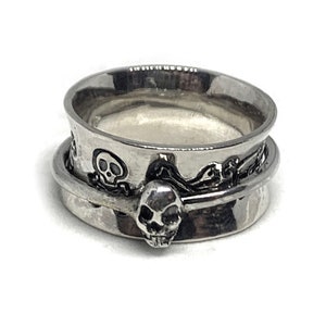 Unique Skull Spinner Ring Sterling Silver, Fidget Anxiety Tranquillity Rotatable Stress Calming Helpful Gothic Alt worry Rocker Biker Bones