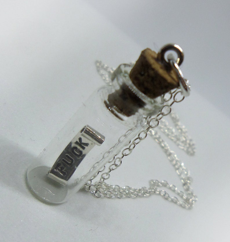 My Last Fuck Given Bottle Pendant & Chain, Sterling Silver Last F**K Message in a Bottle Couldn't Give AF Cute Little Glass Jar Vessel Tube image 2