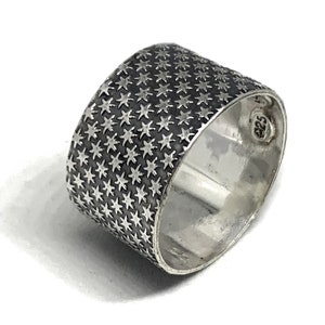 Wide Star Pattern Ring Sterling Silver, Alternative Gothic Biker Rocker Punk Emo Celestial Night Sky Universe Galaxy Constellation Texture