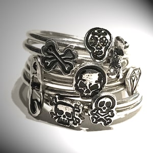 Sterling Silver STACKABLE Gothic Rings, Alternative Tattoo Inspired, Cute Punk Rock! Star Sugar Skull Bone Safety Pin Heart Spider Flower