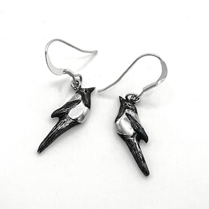 Sterling Silver Magpie Pair Dangle Earrings Double Bird Two For Joy One Sorrow Superstition Old Wives Tale Rhyme Omen Bad Good Luck Handmade