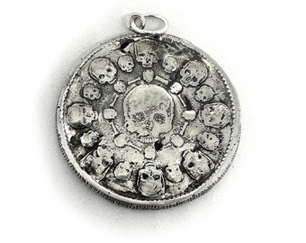 Sterling Silver Skull Coin Pendant with Moto 'Don't Fear Death, Fear the Un-Lived Life', Antique Organic Look Token Gothic Biker Rocker Old