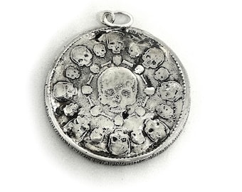 Sterling Silver Skull Coin Pendant with Moto 'Don't Fear Death, Fear the Un-Lived Life', Antique Organic Look Token Gothic Biker Rocker Old