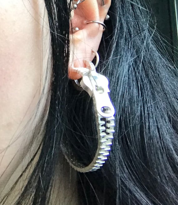 Sterling Silver Punk Rock Zip up Zipper Hoop Earrings