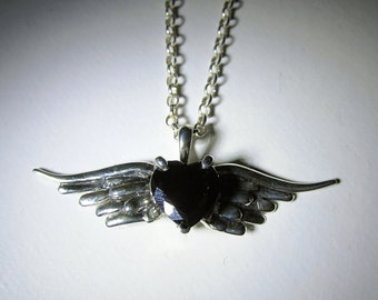 Sterling Silver Winged Black Heart Pendant with Cubic Zirconia.  Love with Wings Tattoo Freedom Free Spirit Addiction Habit Angel Fairy Soul
