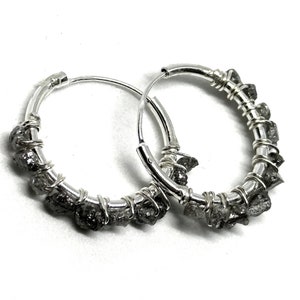 1ct Rough Grey Natural Diamond Sleeper Hoop Earrings Sterling Silver Organic Uncut Real Gothic Alternative Must-Have Punk Biker Rocker Love