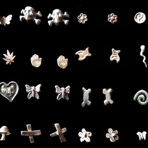 Sterling Silver Punk Rock Gothic Stud Earrings, Sperm Punk Marijuana Skull Crossbones All seeing Eye Cross Heart Safety Pin Fish Flower Gun